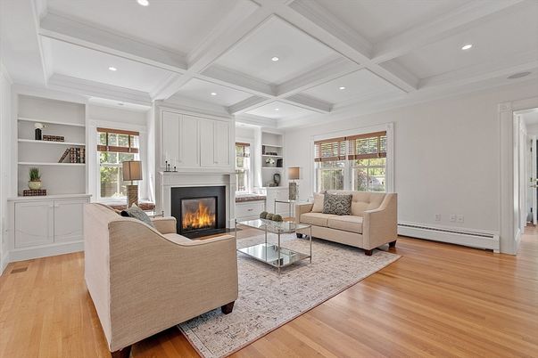 Fireplace, Interior, Living room, Recessed Lighting, Wood Texture Flooring