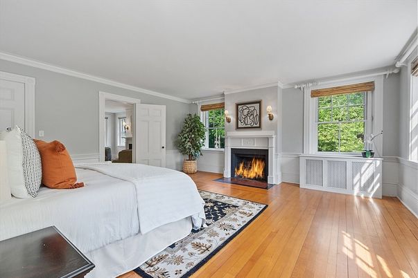 Bedroom, Fireplace, Interior, Wood Texture Flooring