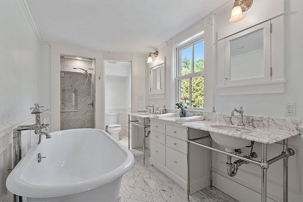 Bathroom, Dual Sink Vanities, Free Standing Baths, Interior, Marble, Marble Walls