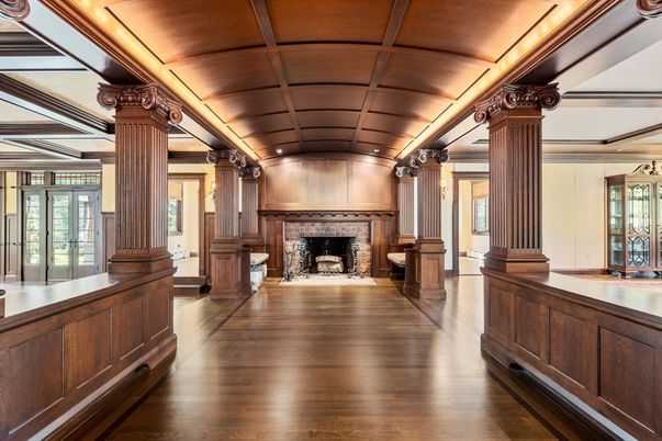 Fireplace, Interior, Recessed Lighting, Wooden Ceilings, Wood Texture Flooring, Wooden Walls