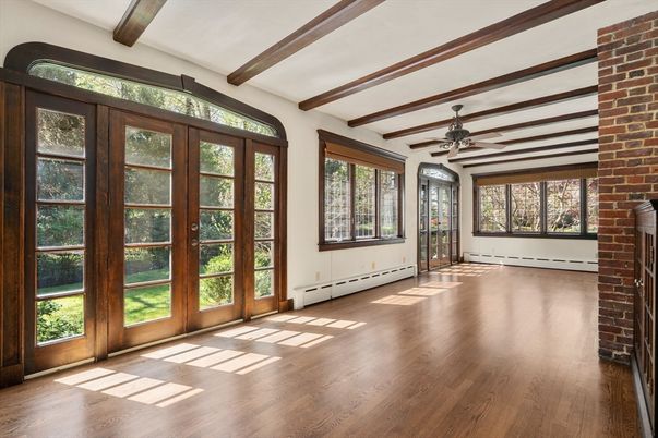 Empty room, Fireplace, Interior, Stone Walls, Wooden Beams, Wood Texture Flooring