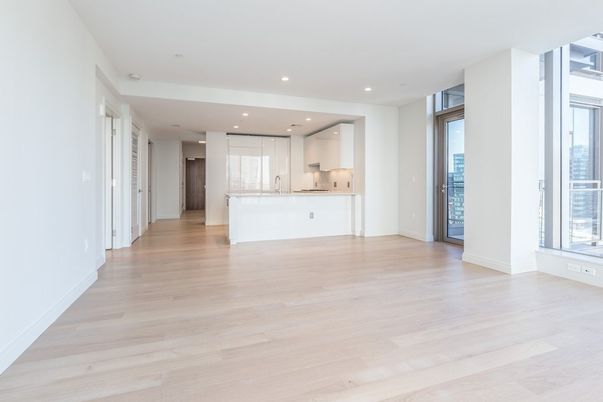 Empty room, Interior, Kitchen, Recessed Lighting, Wood Texture Flooring