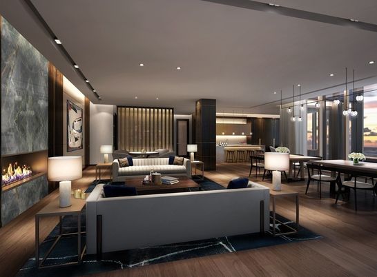 Dining room, Fireplace, Interior, Living room, Pendant Lights, Recessed Lighting, Wood Texture Flooring