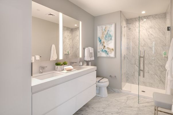 Bathroom, Dual Sink Vanities, Glass Shower, Interior, Marble, Marble Walls, Recessed Lighting