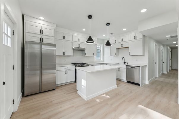 Interior, Kitchen, Pendant Lights, Recessed Lighting, Stainless Steel Appliances, Wood Texture Flooring