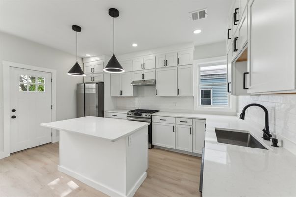 Interior, Kitchen, Pendant Lights, Recessed Lighting, Stainless Steel Appliances, Wood Texture Flooring