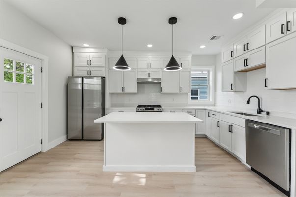 Interior, Kitchen, Pendant Lights, Recessed Lighting, Stainless Steel Appliances, Wood Texture Flooring