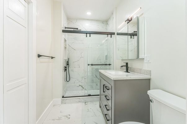 Bathroom, Glass Shower, Interior, Marble, Marble Walls, Recessed Lighting
