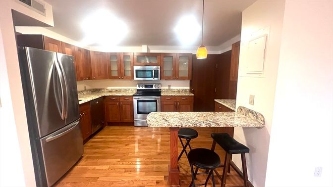 Interior, Kitchen, Pendant Lights, Stainless Steel Appliances, Wood Texture Flooring