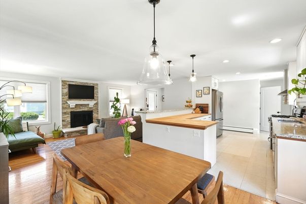 Dining room, Fireplace, Interior, Kitchen, Pendant Lights, Recessed Lighting, Wood Texture Flooring