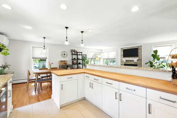 Dining room, Fireplace, Interior, Kitchen, Pendant Lights, Recessed Lighting, Wood Texture Flooring