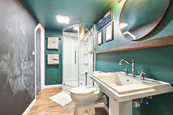 Bathroom, Glass Shower, Interior, Wood Texture Flooring