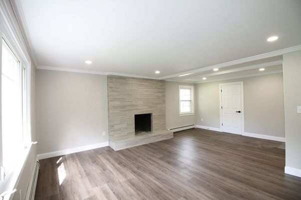 Empty room, Fireplace, Interior, Recessed Lighting, Wood Texture Flooring