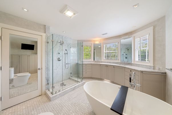 Bathroom, Free Standing Baths, Glass Shower, Interior, Marble Walls, Recessed Lighting