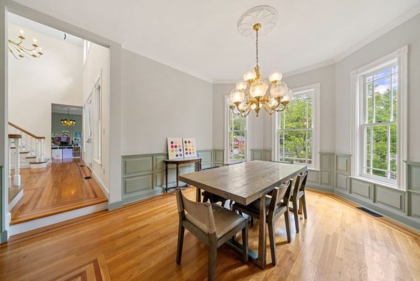 Chandelier, Dining room, Interior, Wood Texture Flooring