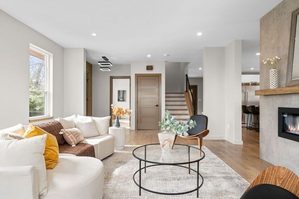 Fireplace, Interior, Living room, Recessed Lighting, Wood Texture Flooring