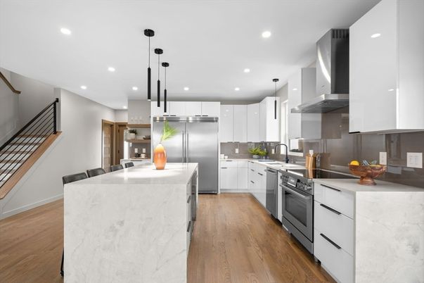 Interior, Kitchen, Pendant Lights, Recessed Lighting, Stainless Steel Appliances, Wood Texture Flooring