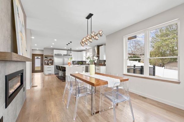 Dining room, Fireplace, Interior, Kitchen, Pendant Lights, Recessed Lighting, Wood Texture Flooring
