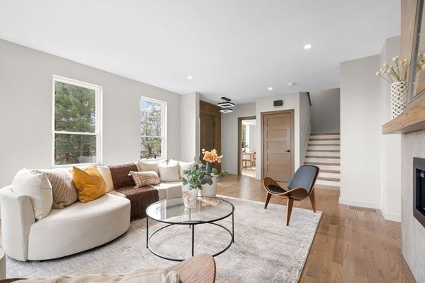 Fireplace, Interior, Living room, Recessed Lighting, Wood Texture Flooring