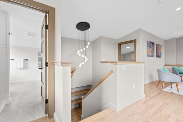 Interior, Kitchen, Marble, Pendant Lights, Recessed Lighting, Wood Texture Flooring