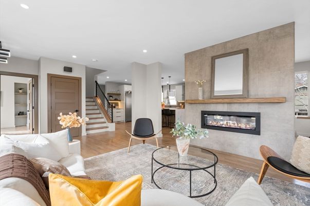 Fireplace, Interior, Kitchen, Living room, Pendant Lights, Recessed Lighting, Wood Texture Flooring