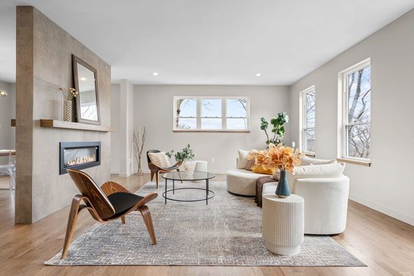 Fireplace, Interior, Living room, Recessed Lighting, Wood Texture Flooring