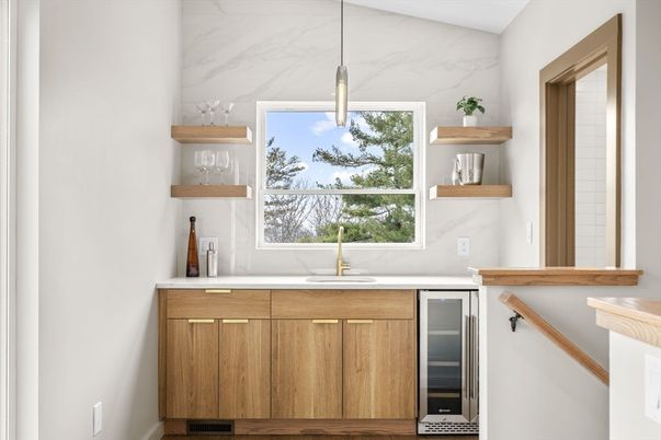 Interior, Kitchen, Marble Walls, Pendant Lights, Stainless Steel Appliances