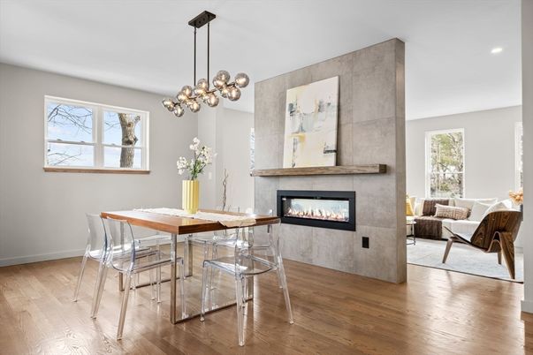 Dining room, Fireplace, Interior, Pendant Lights, Recessed Lighting, Wood Texture Flooring