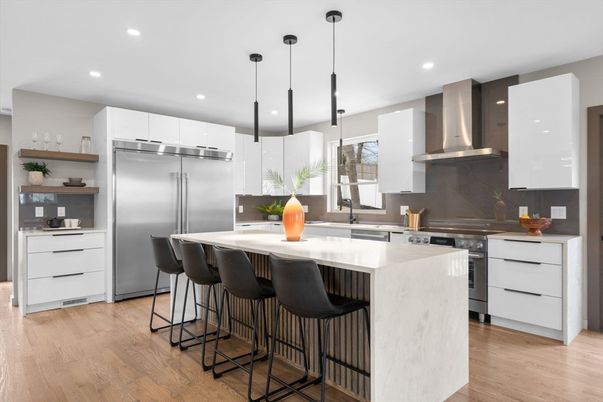 Interior, Kitchen, Pendant Lights, Recessed Lighting, Stainless Steel Appliances, Wood Texture Flooring