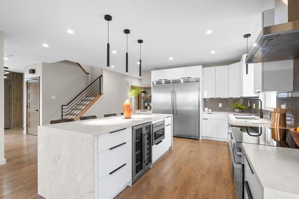 Interior, Kitchen, Pendant Lights, Recessed Lighting, Stainless Steel Appliances, Wood Texture Flooring