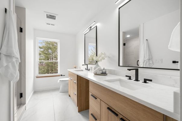 Bathroom, Dual Sink Vanities, Interior, Marble, Recessed Lighting