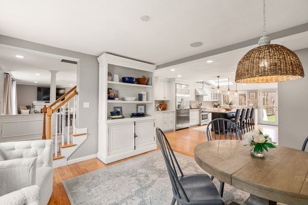 Dining room, Interior, Kitchen, Pendant Lights, Recessed Lighting, Stainless Steel Appliances, Wood Texture Flooring