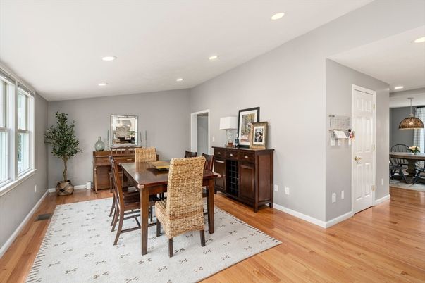 Dining room, Interior, Pendant Lights, Recessed Lighting, Wood Texture Flooring