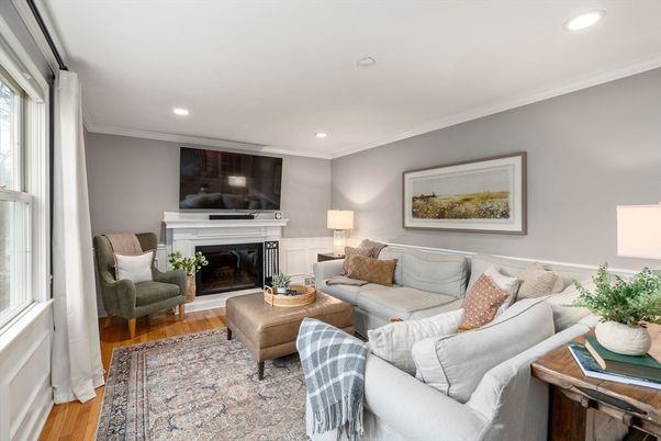Fireplace, Interior, Living room, Recessed Lighting, Wood Texture Flooring