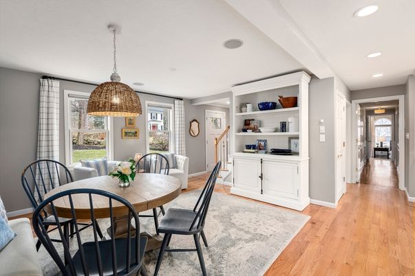 Dining room, Interior, Pendant Lights, Recessed Lighting, Wood Texture Flooring