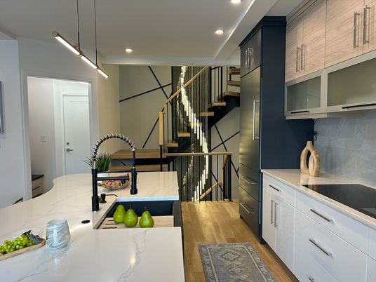 Interior, Kitchen, Pendant Lights, Recessed Lighting, Wood Texture Flooring