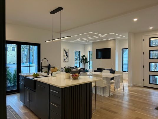 Dining room, Interior, Kitchen, Pendant Lights, Recessed Lighting, Wood Texture Flooring