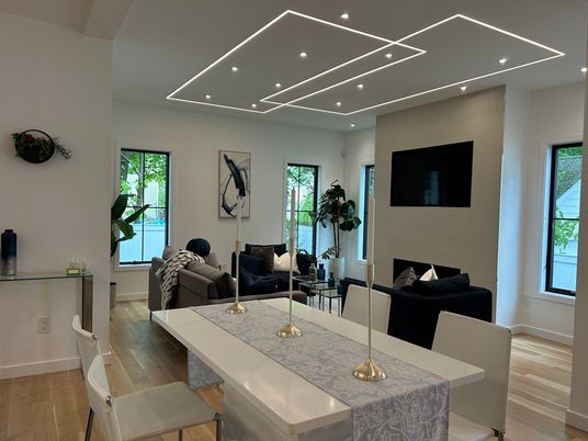 Dining room, Interior, Living room, Recessed Lighting, Wood Texture Flooring