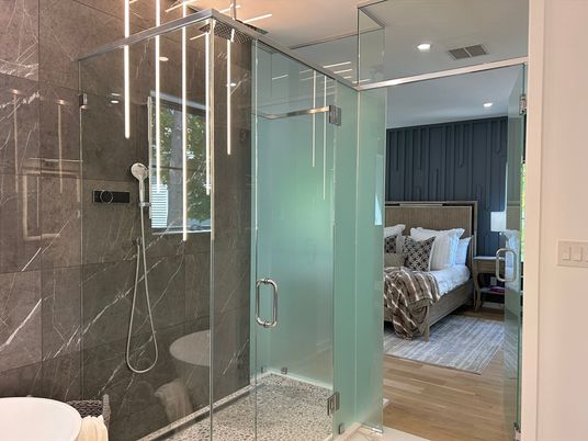 Bathroom, Bedroom, Glass Shower, Interior, Recessed Lighting, Wood Texture Flooring
