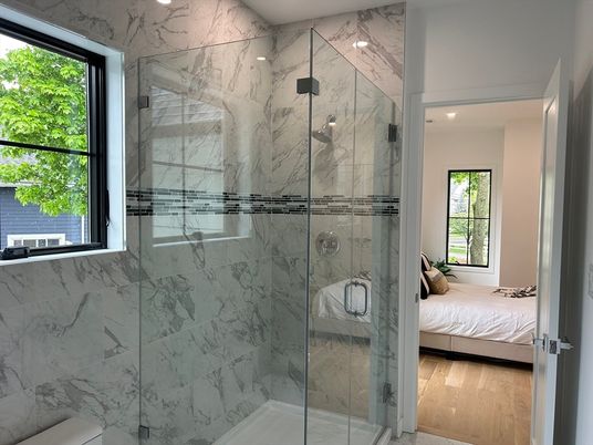 Bathroom, Bedroom, Glass Shower, Interior, Marble Walls, Recessed Lighting, Wood Texture Flooring
