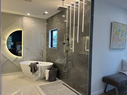 Bathroom, Free Standing Baths, Glass Shower, Interior, Marble, Marble Walls, Recessed Lighting