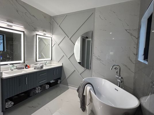 Bathroom, Dual Sink Vanities, Free Standing Baths, Interior, Marble, Marble Walls