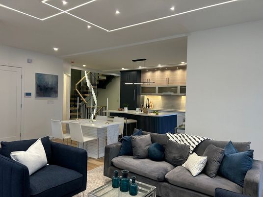 Dining room, Interior, Kitchen, Living room, Pendant Lights, Recessed Lighting, Wood Texture Flooring