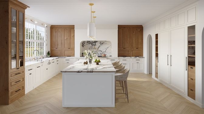 Interior, Kitchen, Marble Walls, Pendant Lights, Wood Texture Flooring