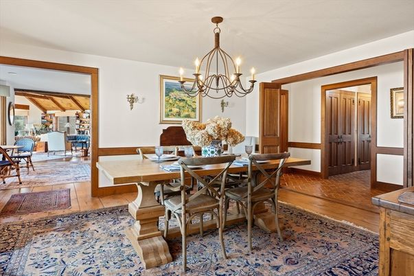 Chandelier, Dining room, Interior, Wood Texture Flooring