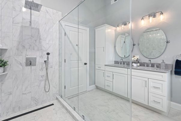 Bathroom, Dual Sink Vanities, Glass Shower, Interior, Marble, Marble Walls
