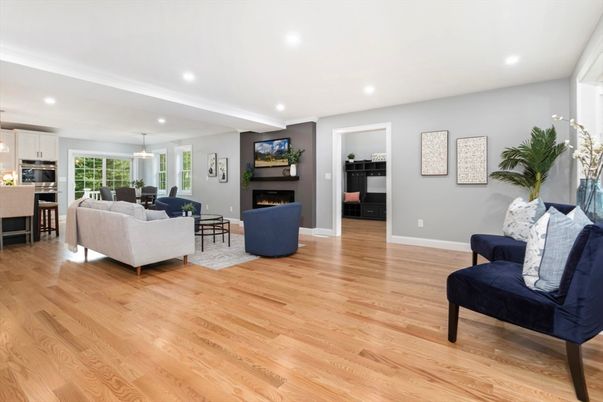 Dining room, Fireplace, Interior, Kitchen, Living room, Pendant Lights, Recessed Lighting, Wood Texture Flooring