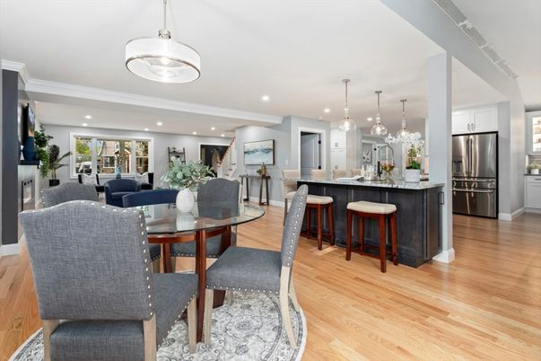 Dining room, Interior, Kitchen, Living room, Pendant Lights, Recessed Lighting, Stainless Steel Appliances, Wood Texture Flooring