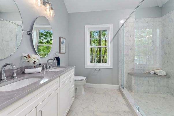 Bathroom, Dual Sink Vanities, Glass Shower, Interior, Marble, Marble Walls