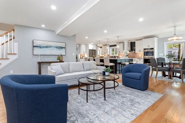 Dining room, Interior, Kitchen, Living room, Pendant Lights, Recessed Lighting, Stainless Steel Appliances, Wood Texture Flooring
